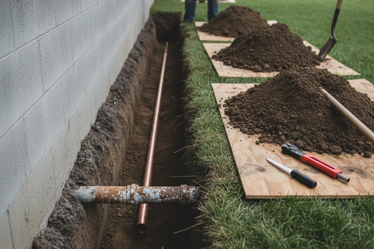 Excavated water line trench during Sewer Line Repair in Lonsdale